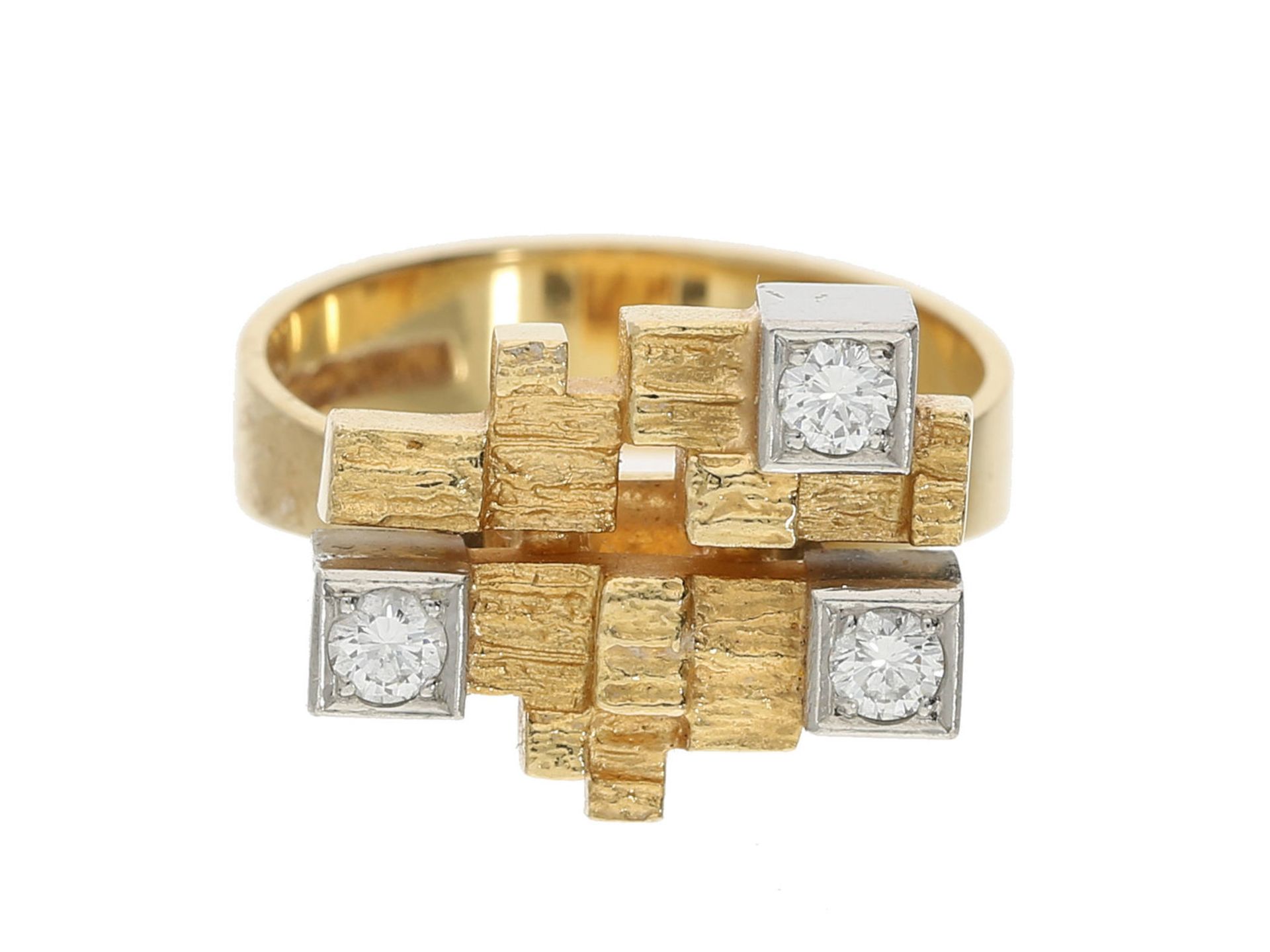 Ring: interessanter vintage Designerring mit Brillanten, insgesamt ca. 0,21ct, 18K Gold, Lapponia