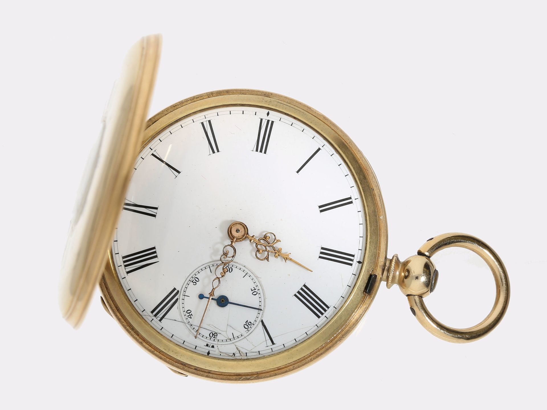 Taschenuhr: frühe goldene Halbsavonnette mit Schlüsselaufzug, ca. 1870 - Bild 2 aus 3