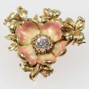 Blüten-Brosche mit Altschliffdiamant und Emaille- Wilde Rose - 585/- Gelbgold und Roségold,