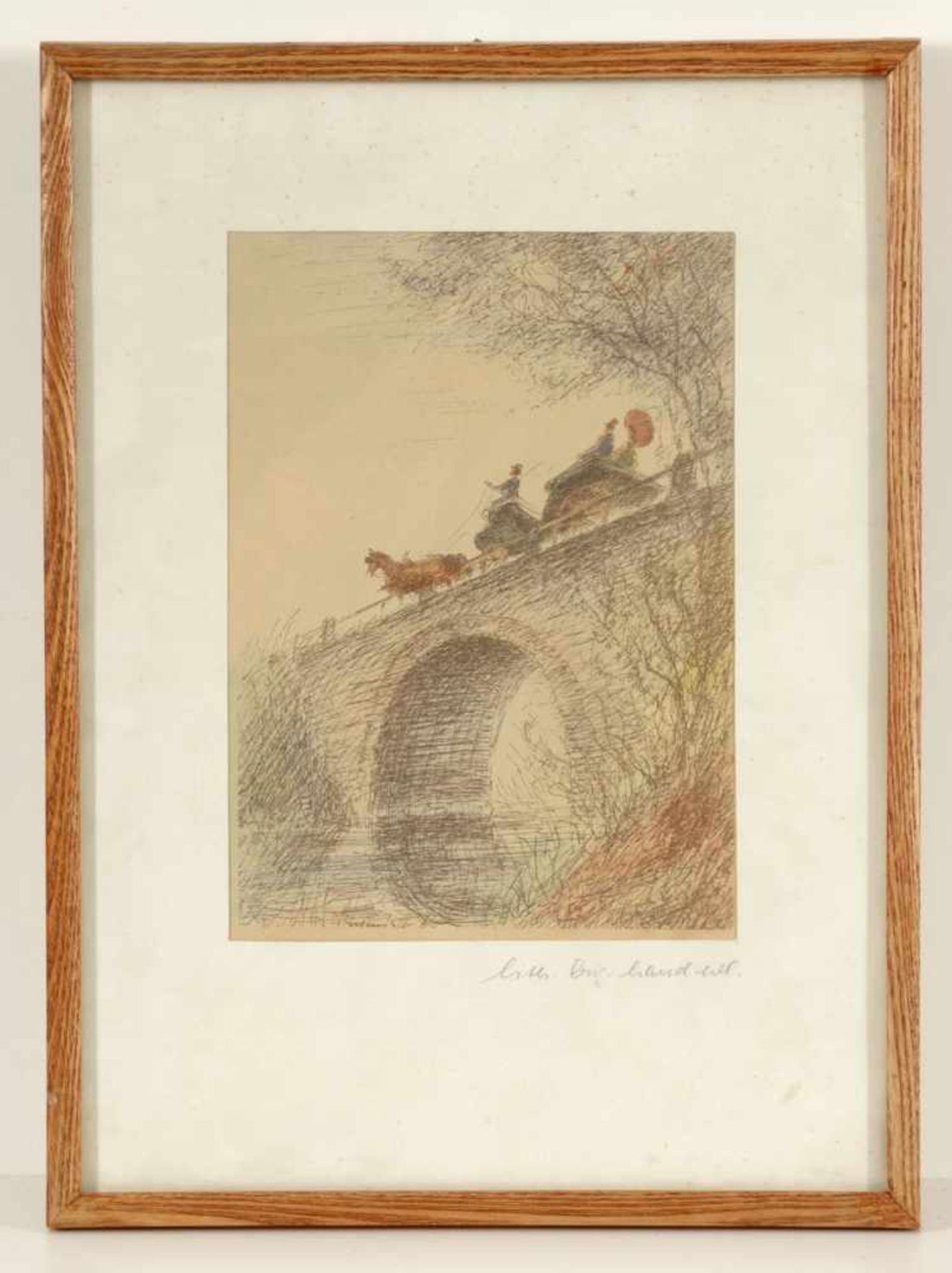 Künstler des 20. Jahrhunderts- "Brücke mit Pferdekutsche" - Kolorierte Lithografie/Papier. 21,1 x 15 - Bild 2 aus 2