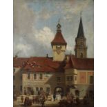 Künstler des 19. Jahrhunderts- Große Hochzeitsgesellschaft vor Schloss - Öl/Lwd. 33,8 x 27,4 cm.