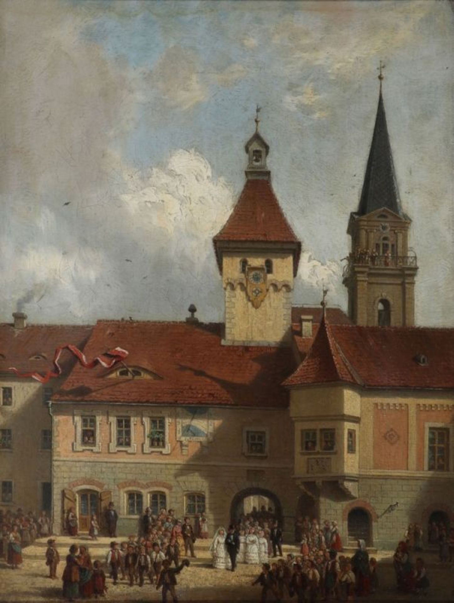Künstler des 19. Jahrhunderts- Große Hochzeitsgesellschaft vor Schloss - Öl/Lwd. 33,8 x 27,4 cm.