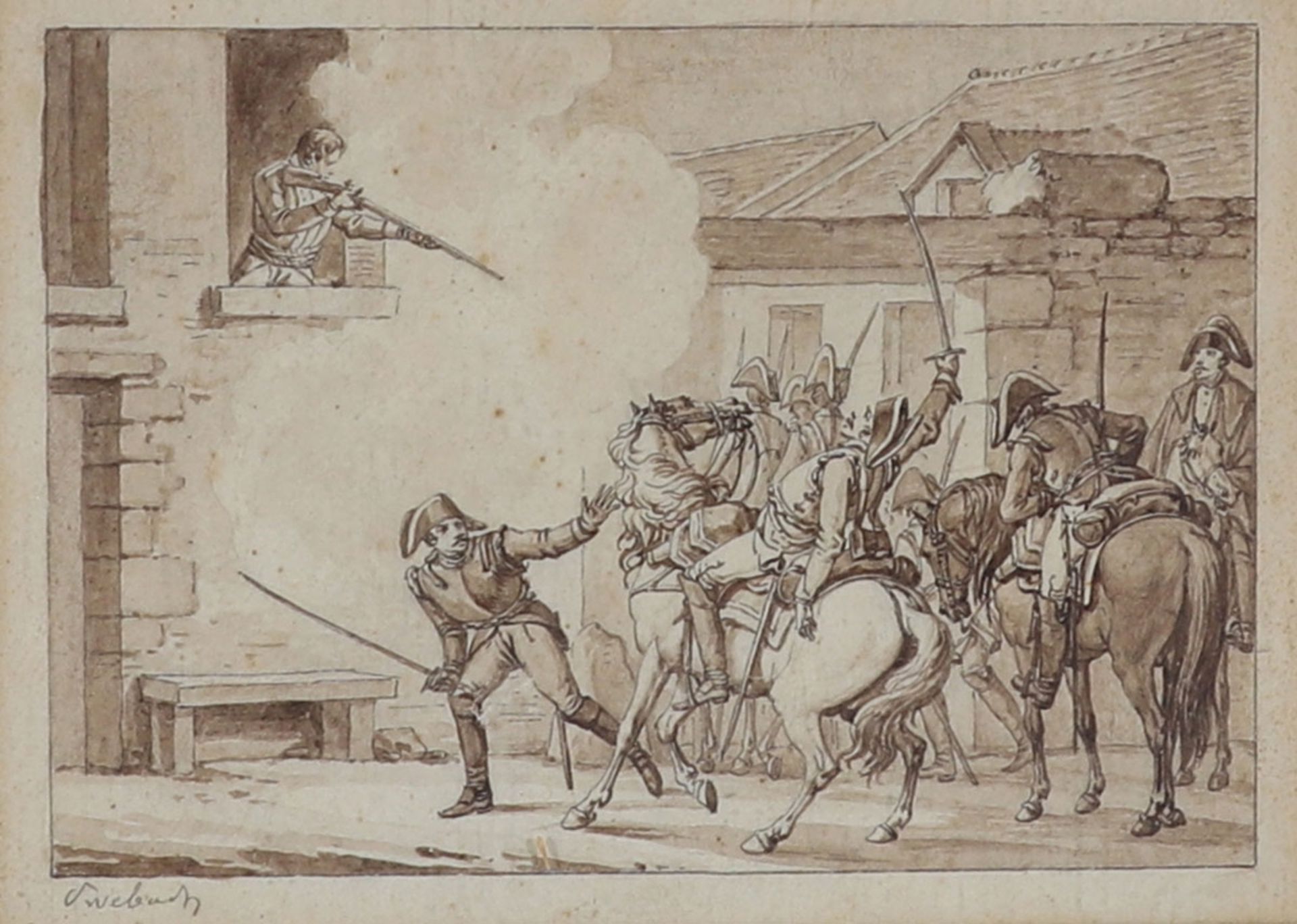 Jacques François Swebach1769 Metz - 1823 Paris - Kriegsszene - Tusche/Papier. 10,5 x 14,5 cm.