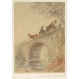 Künstler des 20. Jahrhunderts- "Brücke mit Pferdekutsche" - Kolorierte Lithografie/Papier. 21,1 x 15