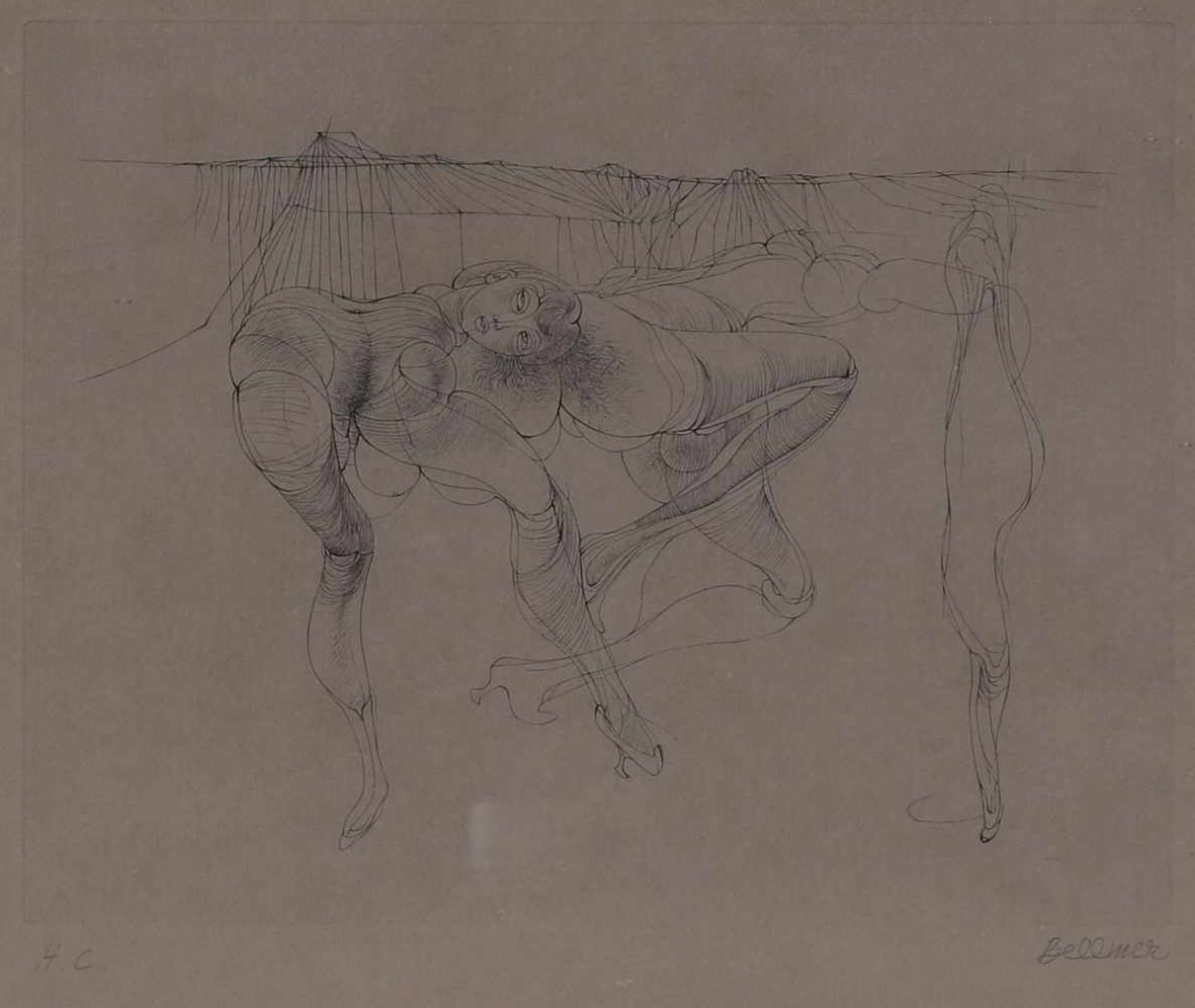 Hans Bellmer1902 Kattowitz - 1975 Paris - Erotische Szene - Radierung/graues Papier. H. C. 20,7 x