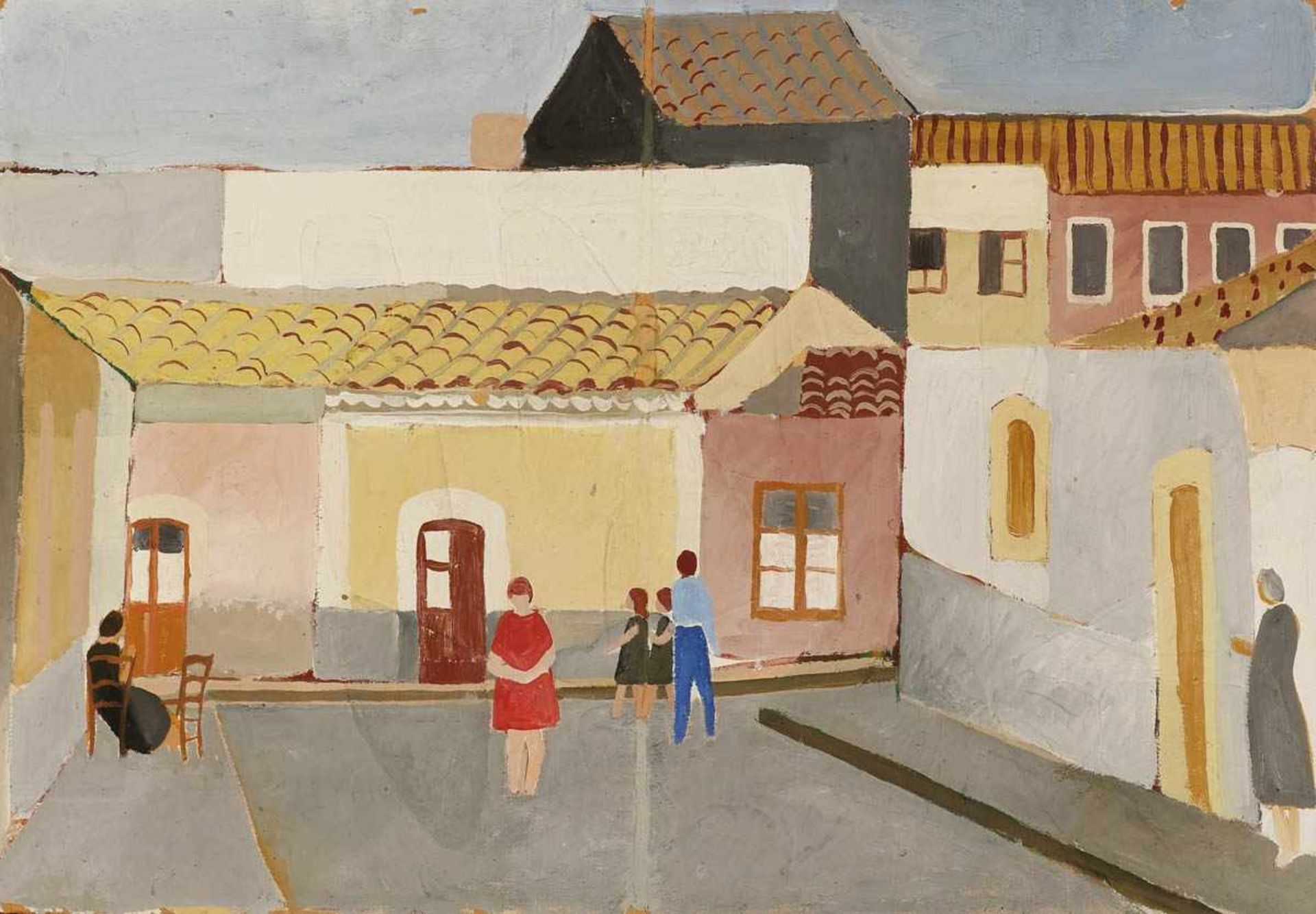 Bernhard Dörries1898 Hannover - 1978 Bielefeld - Straßenszene - Gouache/Karton. Auf Leinwand