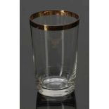 Trinkglas mit GoldrandUm 1900. Farbloses Glas, breiter Goldrand. Geätzter Füllstrich: 0,3 L. H. 11,5