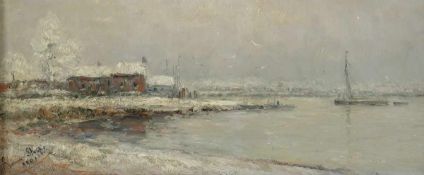 Romain Steppe1859 - 1927 Antwerpen - Winter an der Schelde - Öl/Holz. 19 x 45 cm. Sign. und dat.