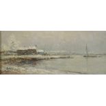 Romain Steppe1859 - 1927 Antwerpen - Winter an der Schelde - Öl/Holz. 19 x 45 cm. Sign. und dat.