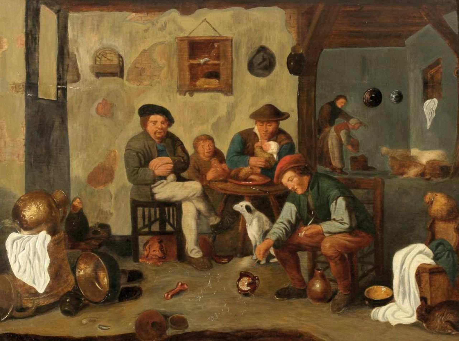Niederländischer Genremaler des 17. Jahrhunderts- Häusliche Szene - Öl/Holz. Parkettiert. 40 x 53,