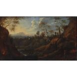 Künstler des 18. Jahrhunderts- Romantische Flusslandschaft - Öl/Holz. 17,5 x 30,5 cm. Rahmen.