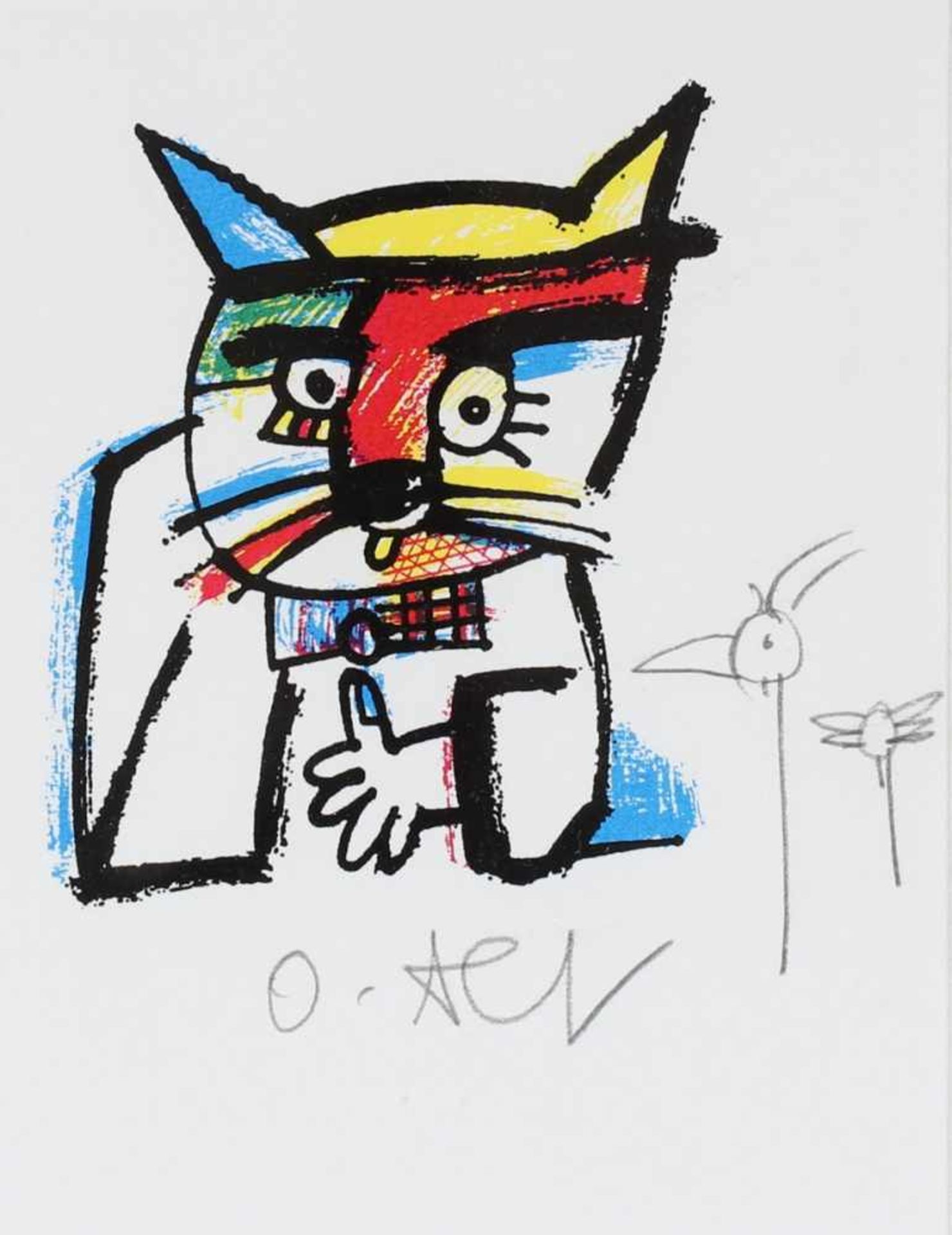 Otmar Alt1940 Wernigerode - "Kleiner Kater" - Farbserigrafie und Bleistift/Papier. 9,5 x 10 cm, 14 x