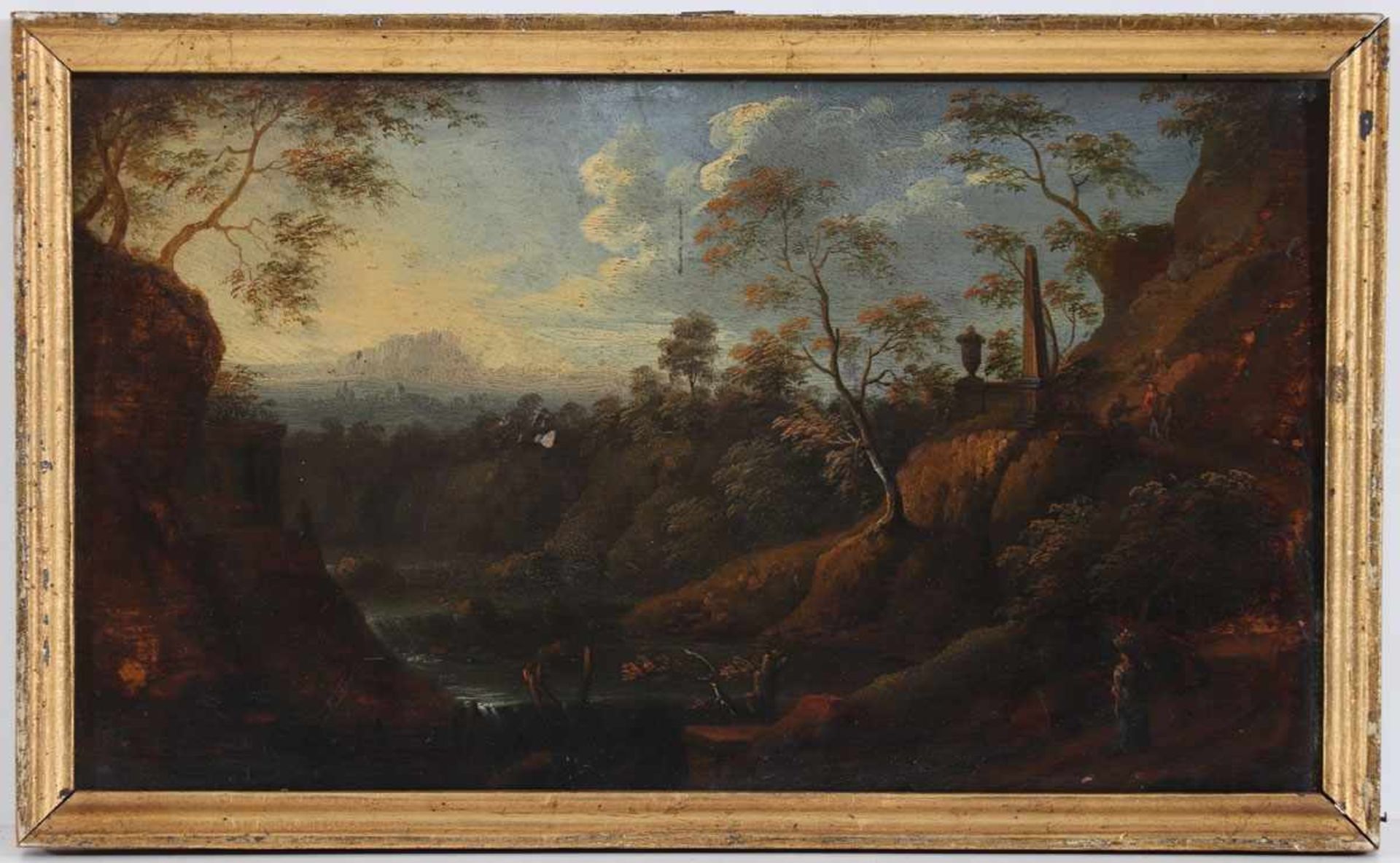 Künstler des 18. Jahrhunderts- Romantische Flusslandschaft - Öl/Holz. 17,5 x 30,5 cm. Rahmen. - Image 2 of 2