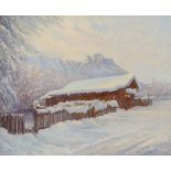 Künstler des 20. Jahrhunderts- Schneelandschaft in Garmisch - Öl/Holz. 42 x 52 cm. Undeutl. sign. r.