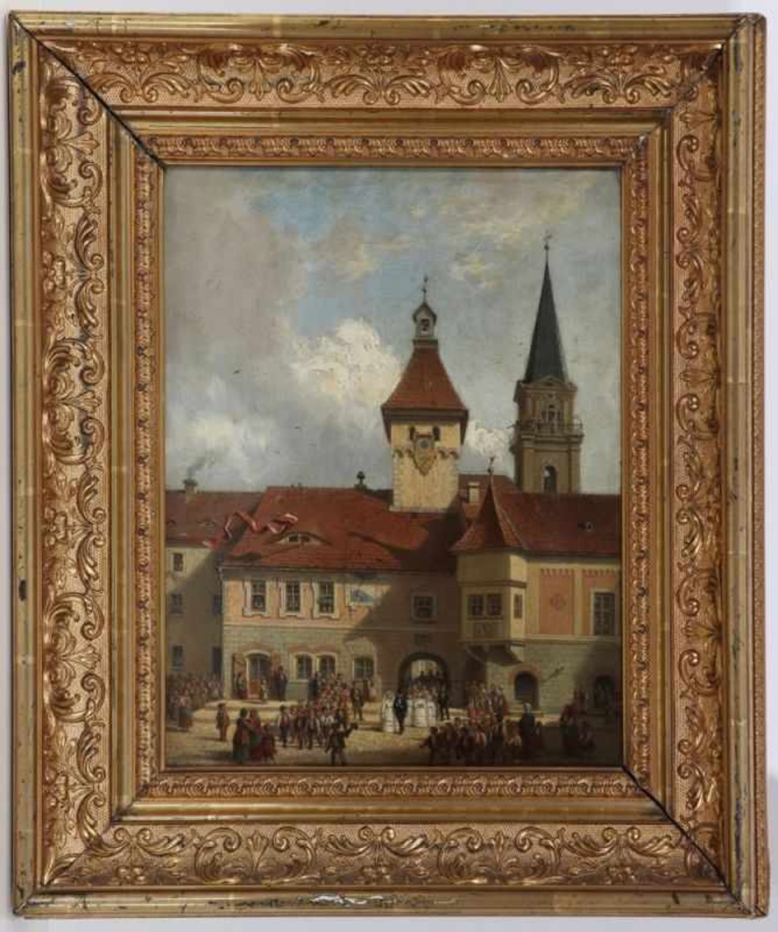 Künstler des 19. Jahrhunderts- Große Hochzeitsgesellschaft vor Schloss - Öl/Lwd. 33,8 x 27,4 cm. - Image 2 of 2