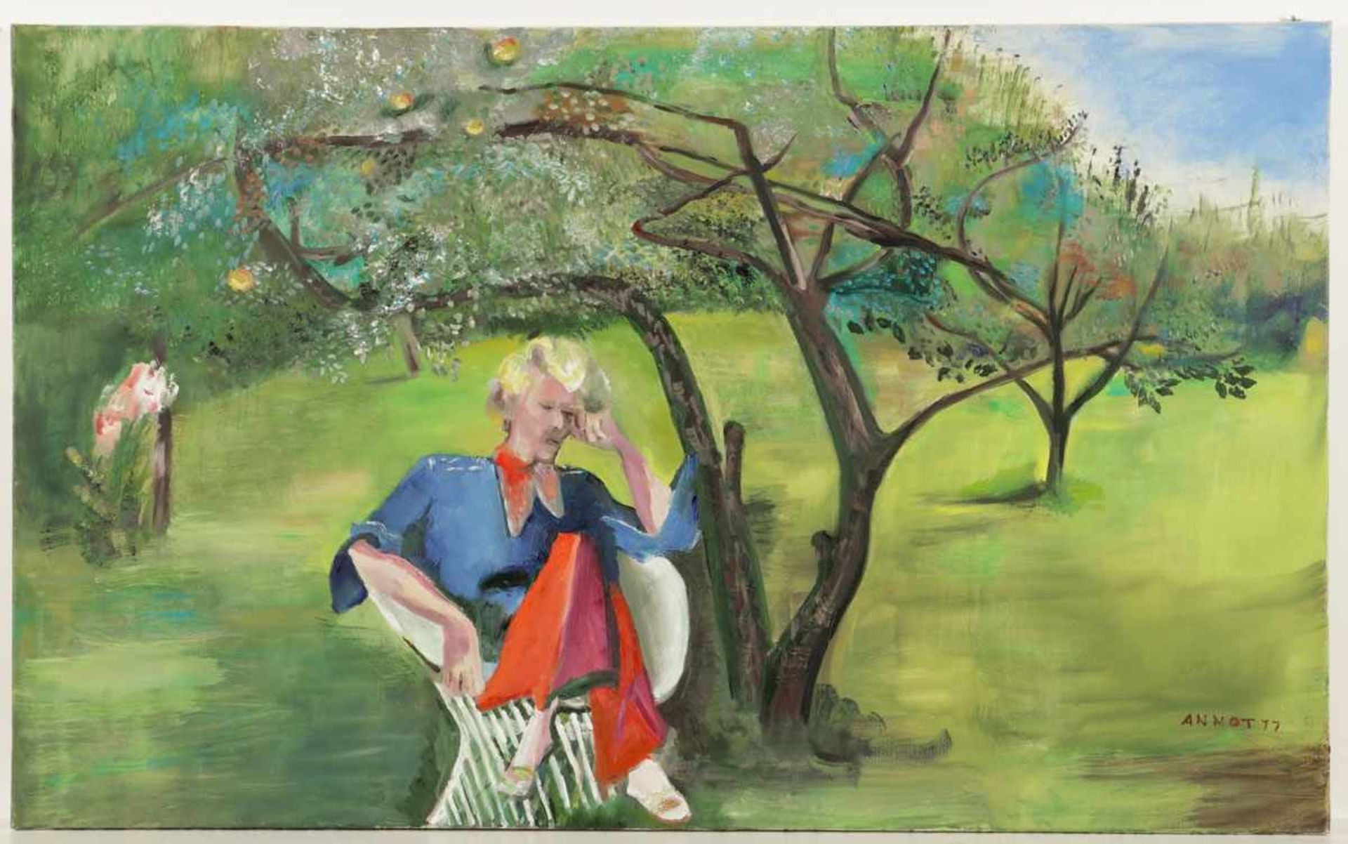 Annot (Anna-Ottilie) Jacobi1894 Berlin - 1981 München - "Frau im Garten unter Apfelbaum" - Öl/Lwd. - Bild 2 aus 2