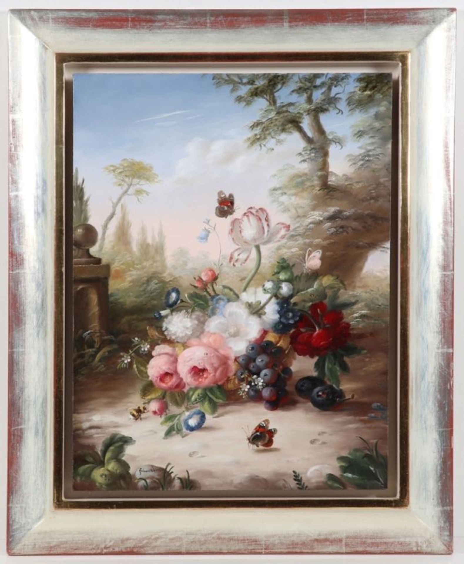 Hildegard Schwammberger1950 Essen - "Blumen in Waldlandschaft" - Öl/Holz. 40 x 30 cm. Sign. l. u.: - Bild 2 aus 2