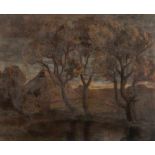 Künstler des 20. Jahrhunderts- Landschaft mit Bauernhaus - Öl/Pappe auf Holz. 60,5 x 75 cm. Rahmen.-