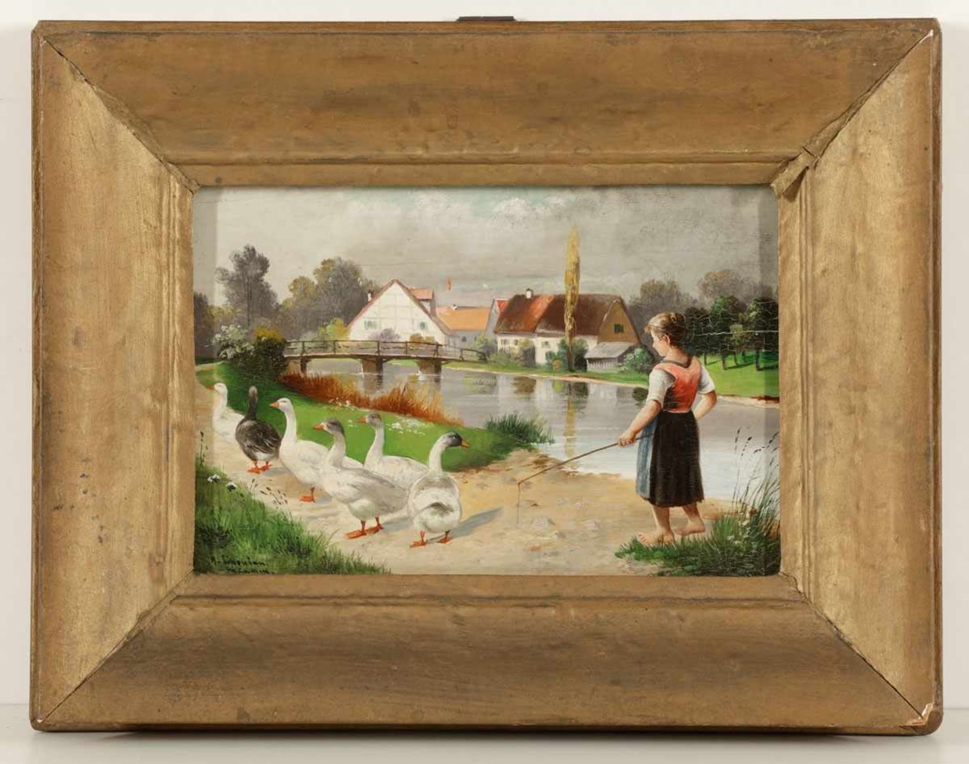 Alfred Schönian1856 Frankfurt a. O. - nach 1936 München - Gänseliesel - Öl/Holz. 15 x 23 cm. Sign. - Bild 2 aus 2