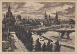 Künstler um 1900- Blick von der Albertbrücke in Dresden - Radierung/Papier. 17,5 x 25,5 cm, 19 x