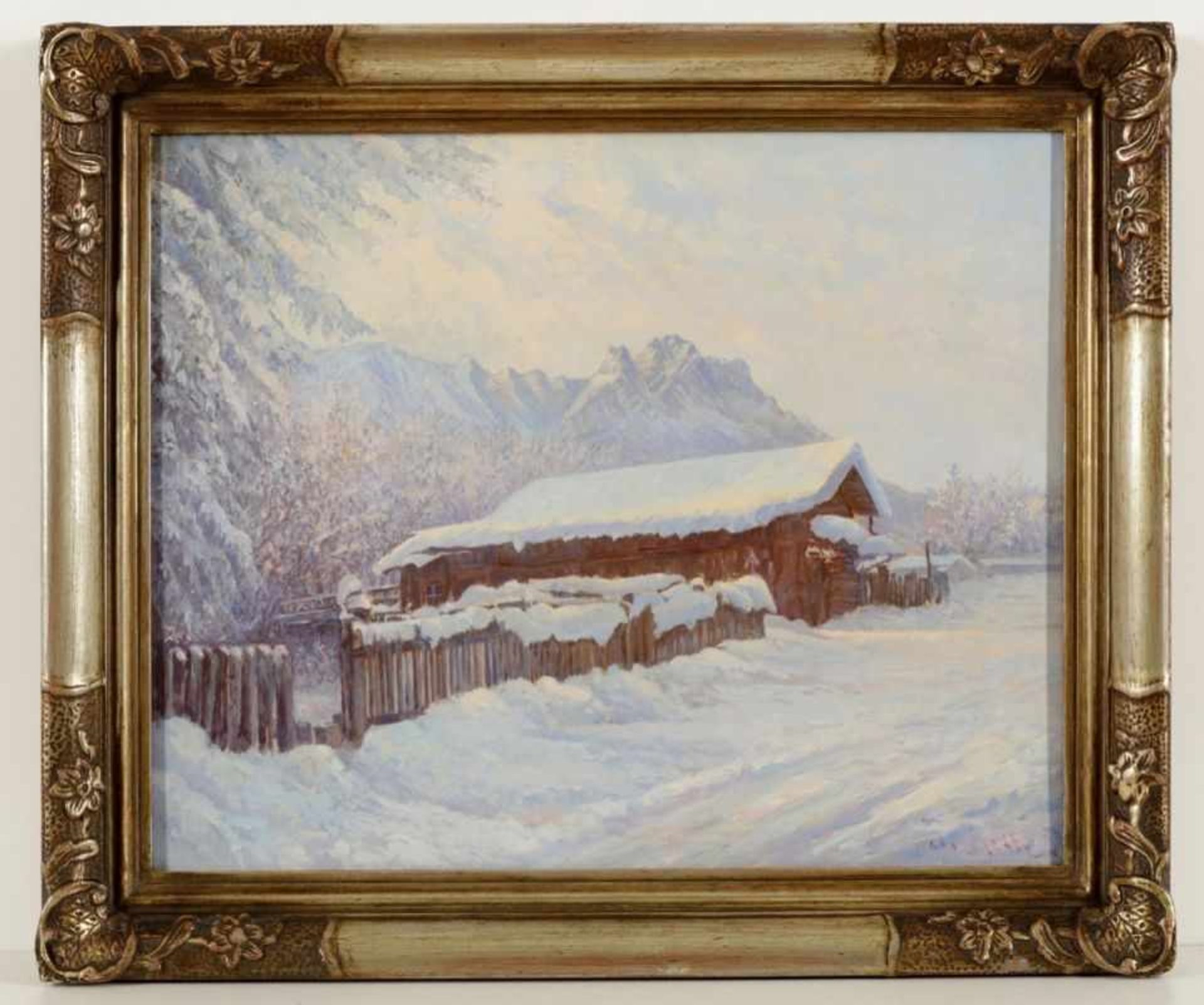 Künstler des 20. Jahrhunderts- Schneelandschaft in Garmisch - Öl/Holz. 42 x 52 cm. Undeutl. sign. r. - Bild 2 aus 2