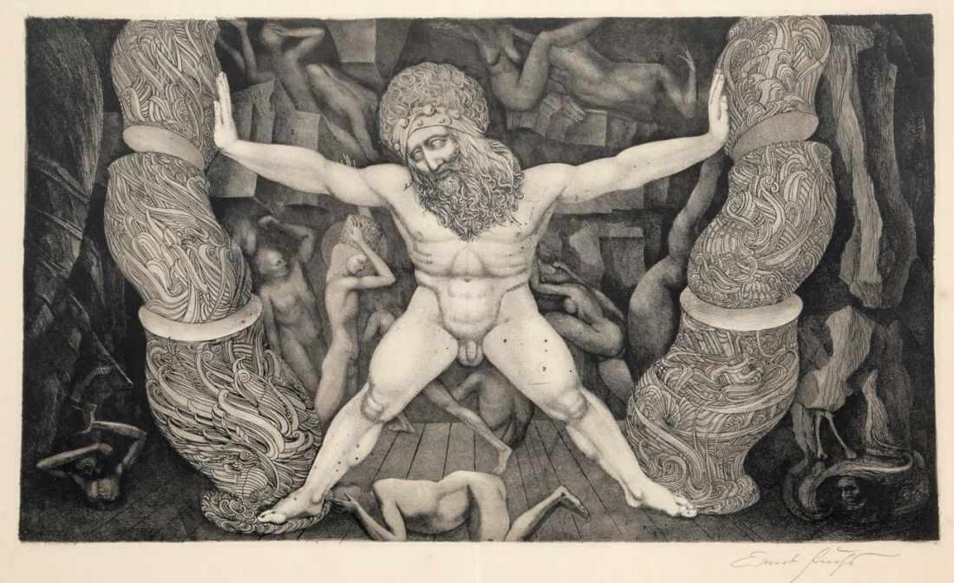 Ernst Fuchs1930 Wien - lebt und arbeitet in Wien - "Samson zerstört den Tempel Dagons" - Radierung/ - Bild 2 aus 2