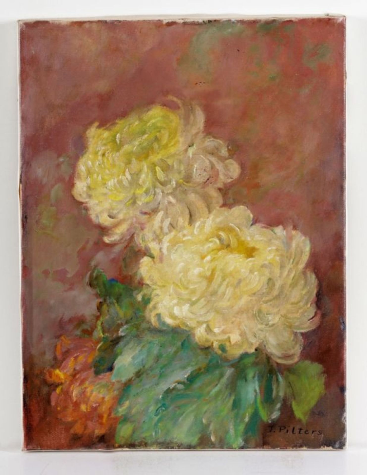 Joseph Pilters1877 - 1957 Krefeld - Chrysanthemen - Öl/Lwd. 40 x 30,2 cm. Sign. r. u.: J. - Bild 2 aus 2