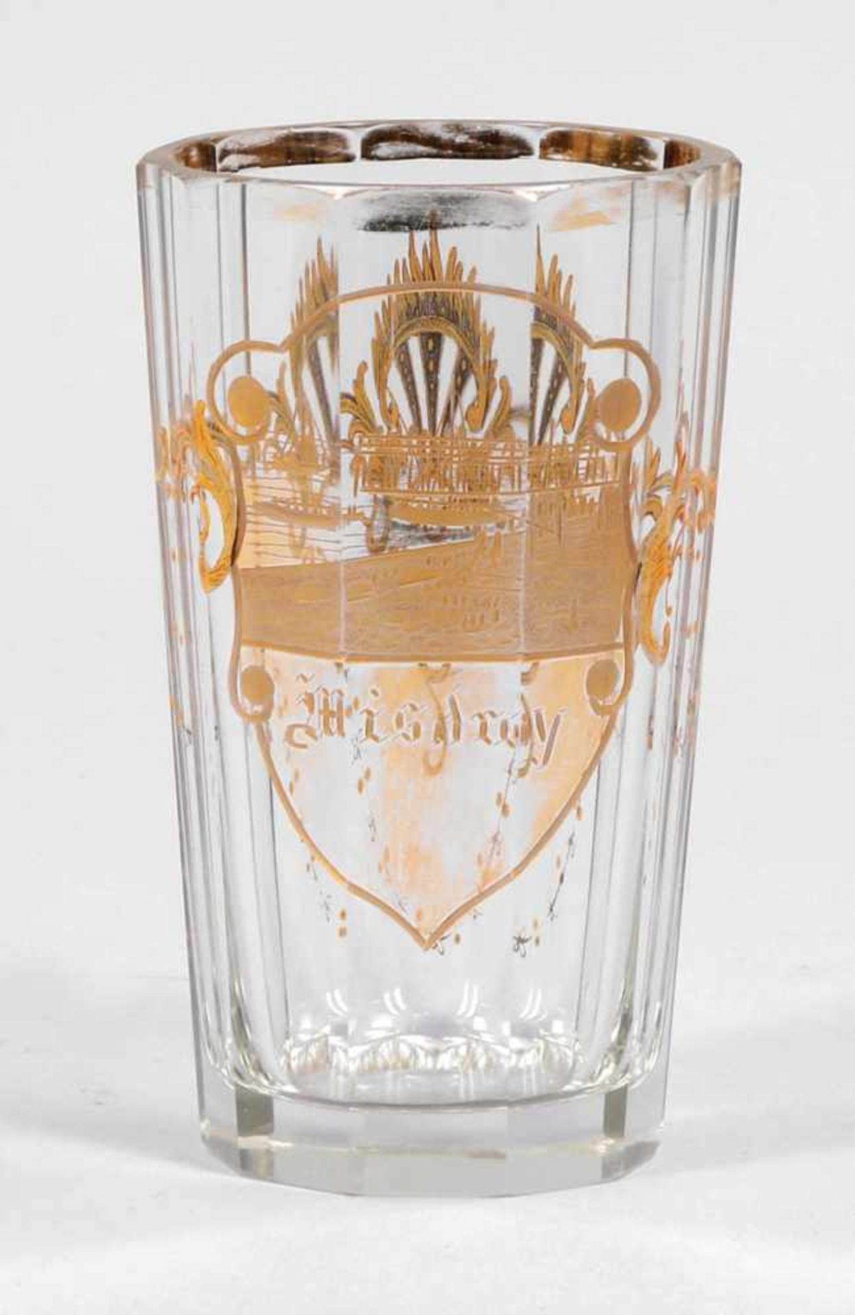 Facettiertes Badeglas Miedzyzdroje (deutsch Misdroy)Um 1880. Farbloses Glas, Geschliffen, Gold