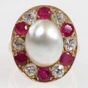 Orientperl-Ring mit Rubinen und Diamanten