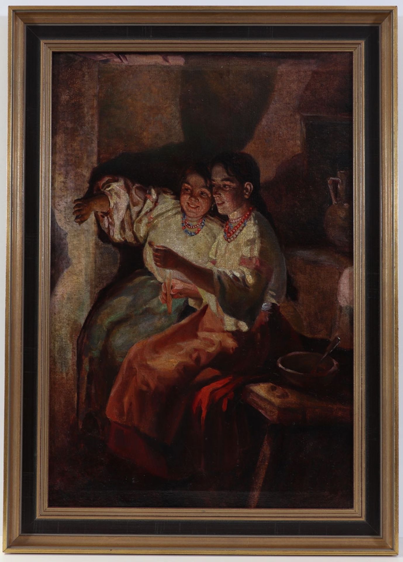 Künstler des frühen 20. Jahrhunderts- Zwei Mädchen mit Kerze - Öl/Lwd. 60 x 41 cm. Rahmen. Leichte - Bild 2 aus 2