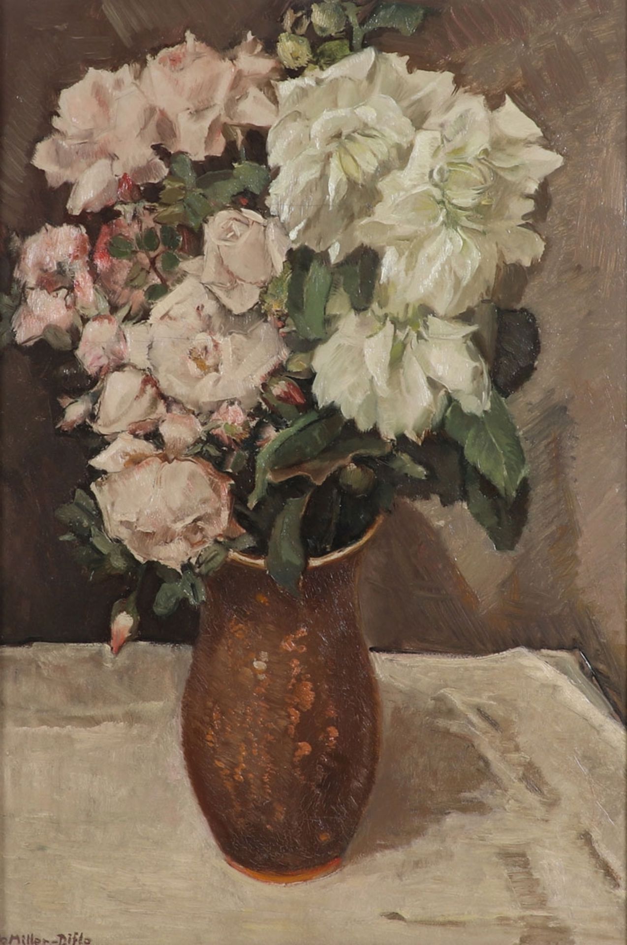 Otto Miller-Diflo1878 Hasberg - 1949 München - "Blumenstrauß (Rosen und Dahlien)" - Öl/Hartfaser. 61