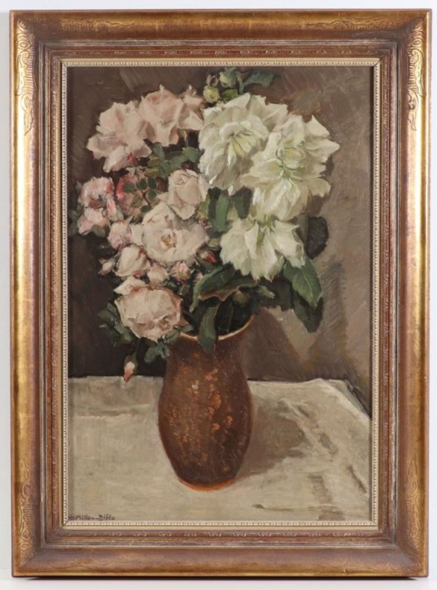 Otto Miller-Diflo1878 Hasberg - 1949 München - "Blumenstrauß (Rosen und Dahlien)" - Öl/Hartfaser. 61 - Bild 2 aus 2