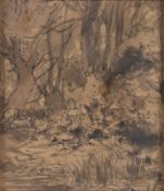 Künstler des 19. Jahrhunderts- Galantes Paar in Landschaft - Tusche/Papier. 19,5 x 16,7 cm.