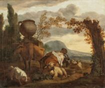 Simon van der Does1653 Amsterdam - 1718 Antwerpen - Bäuerin in italienischer Landschaft - Öl/Lwd.