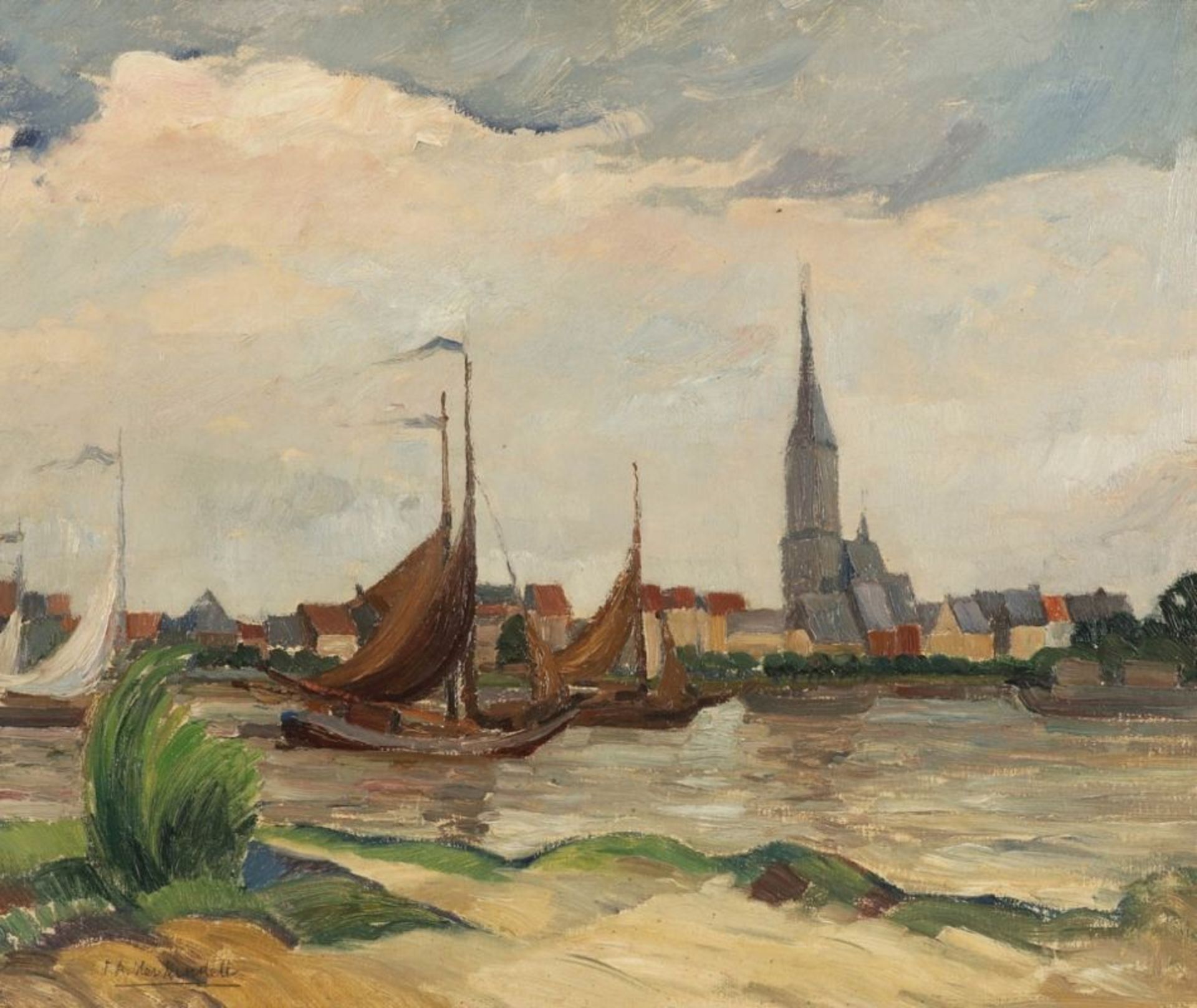 Friedrich August Herkendell1876 Düsseldorf - 1940 Düsseldorf - Segler am Fluss - Öl/Lwd. 50 x 60 cm.
