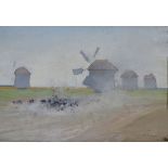 Künstler des 20. Jahrhunderts- Landschaft mit Windmühlen - Öl/Karton. 24,3 x 36 cm. Unleserl.