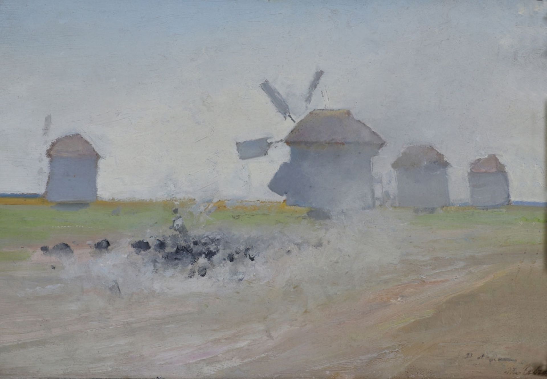 Künstler des 20. Jahrhunderts- Landschaft mit Windmühlen - Öl/Karton. 24,3 x 36 cm. Unleserl.