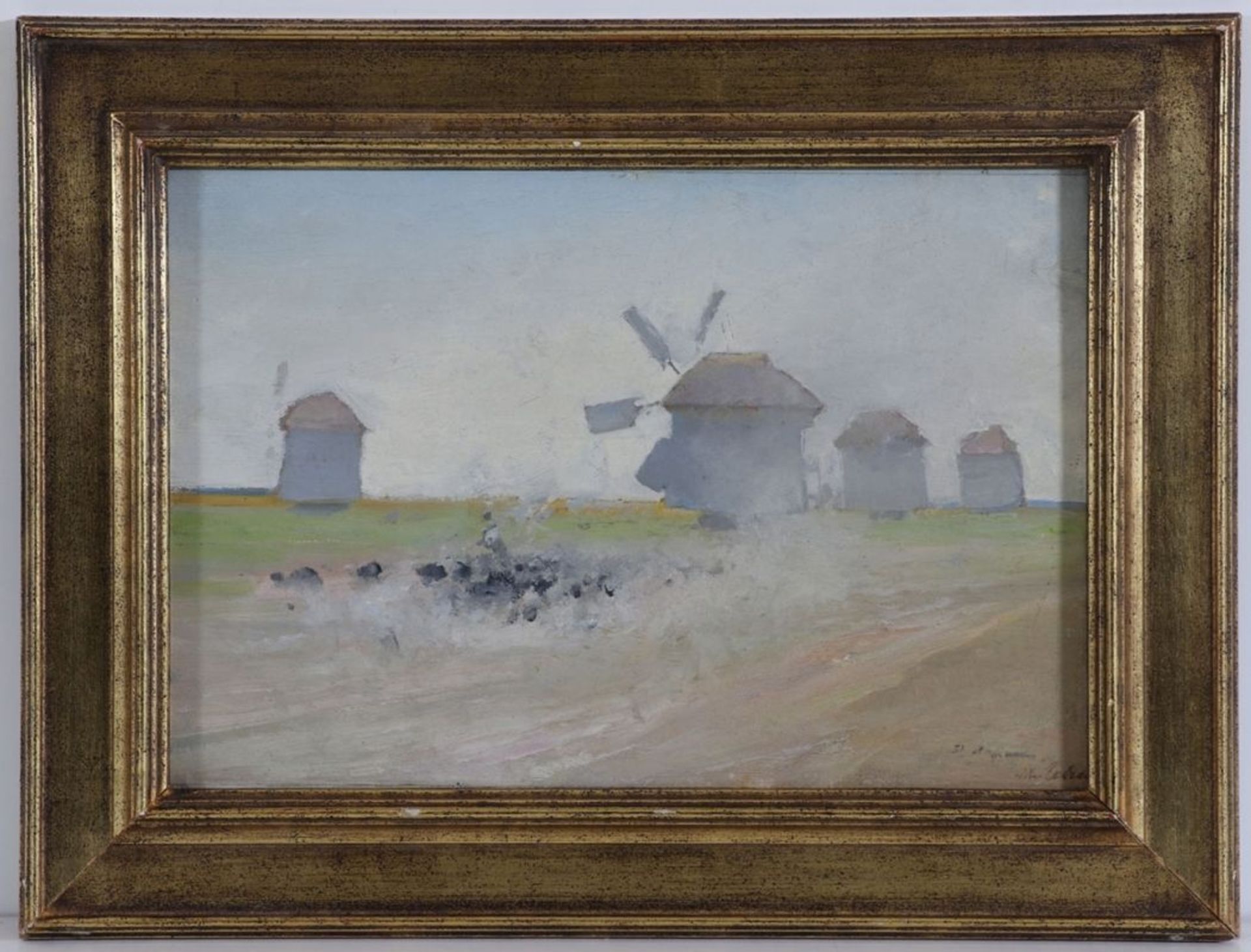 Künstler des 20. Jahrhunderts- Landschaft mit Windmühlen - Öl/Karton. 24,3 x 36 cm. Unleserl. - Bild 2 aus 2