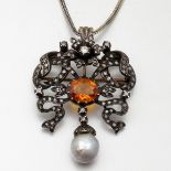 Anhänger/Brosche mit Barockperle, Citrin und Diamanten585/- Gelbgold und Silber, gestempelt,