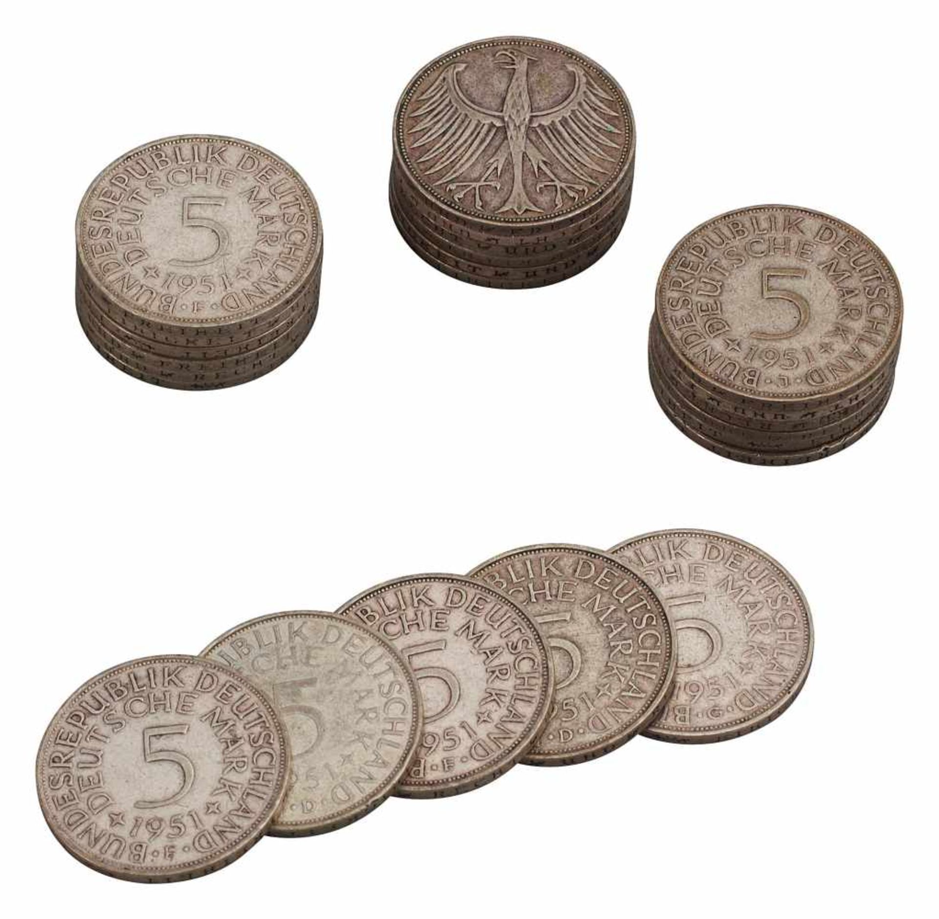 Sammlung von 23 Fünf Deutsche Mark Silbermünzen 1951