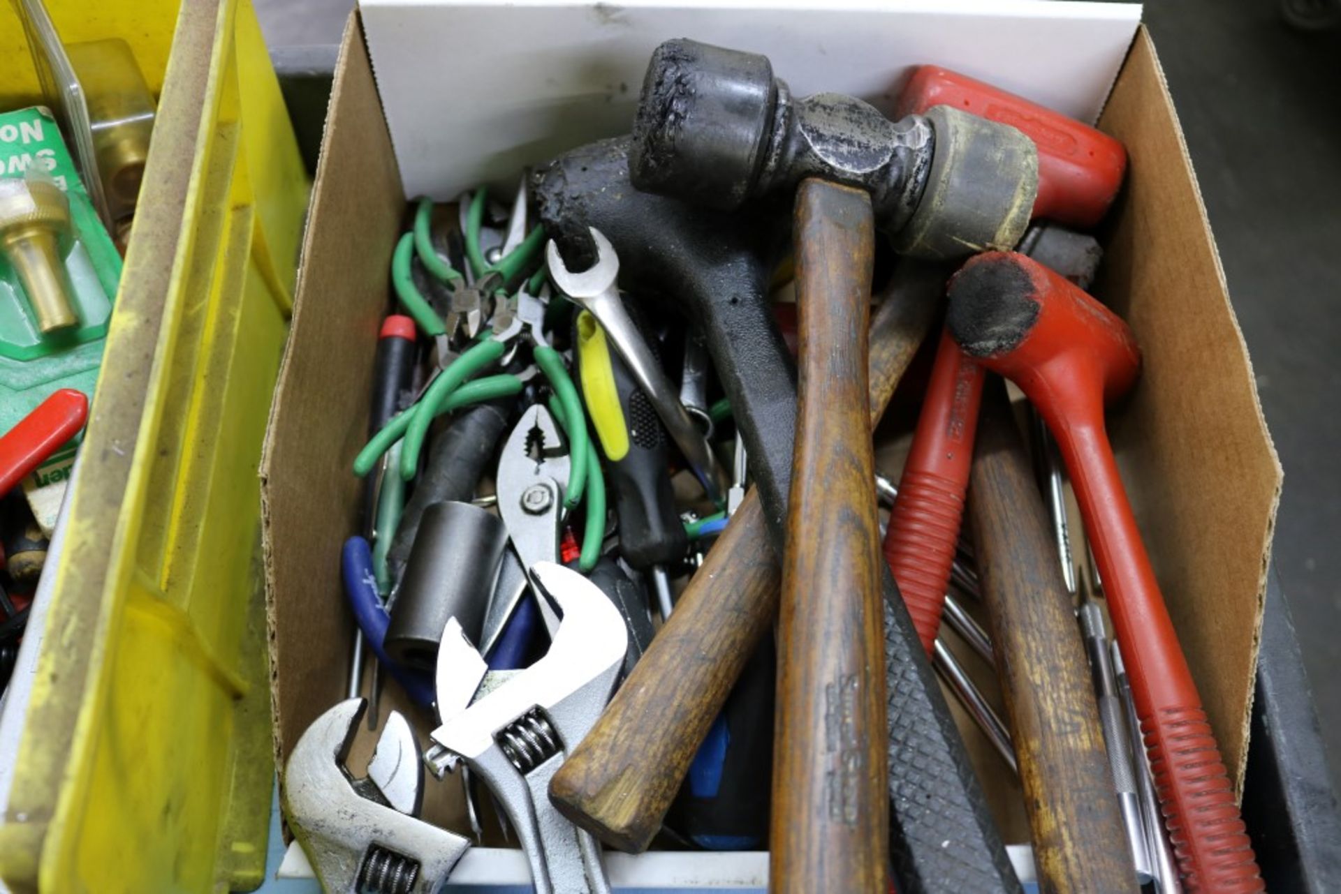 2 Bins and 1 Box of Assorted Hammers, Pliers, Exacto Knives, Wrenches, Snippers, 8" C-Clamps and - Image 5 of 7