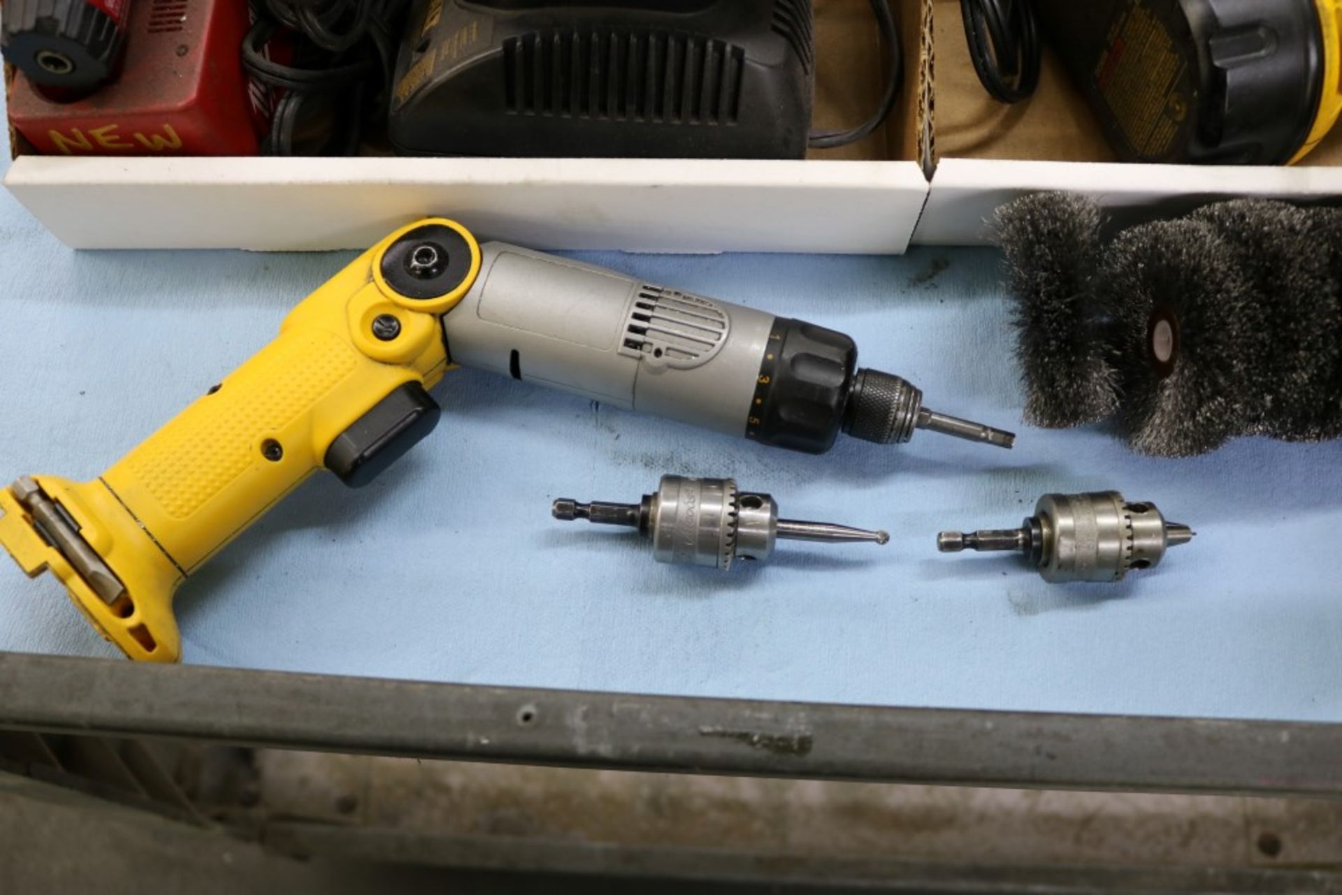 DeWalt Cordless Angle Drills with 2 Extra batteries and Chargers, Chuck Attachments, Box of Copper - Image 2 of 6