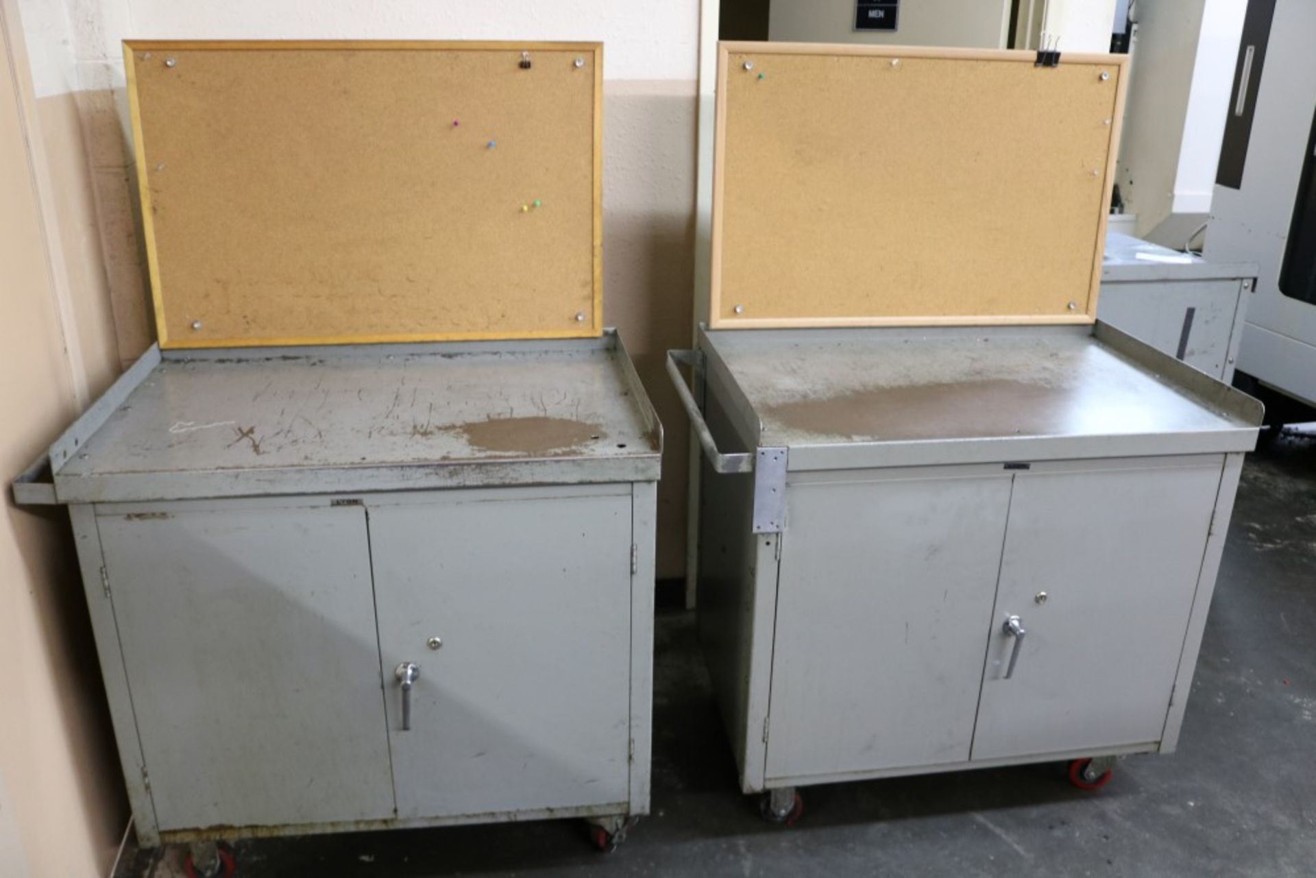 (2) Lyon 2 Tier Metal Cabinet Rolling Work Table with Cork Boards, 36" x 23" x 35"