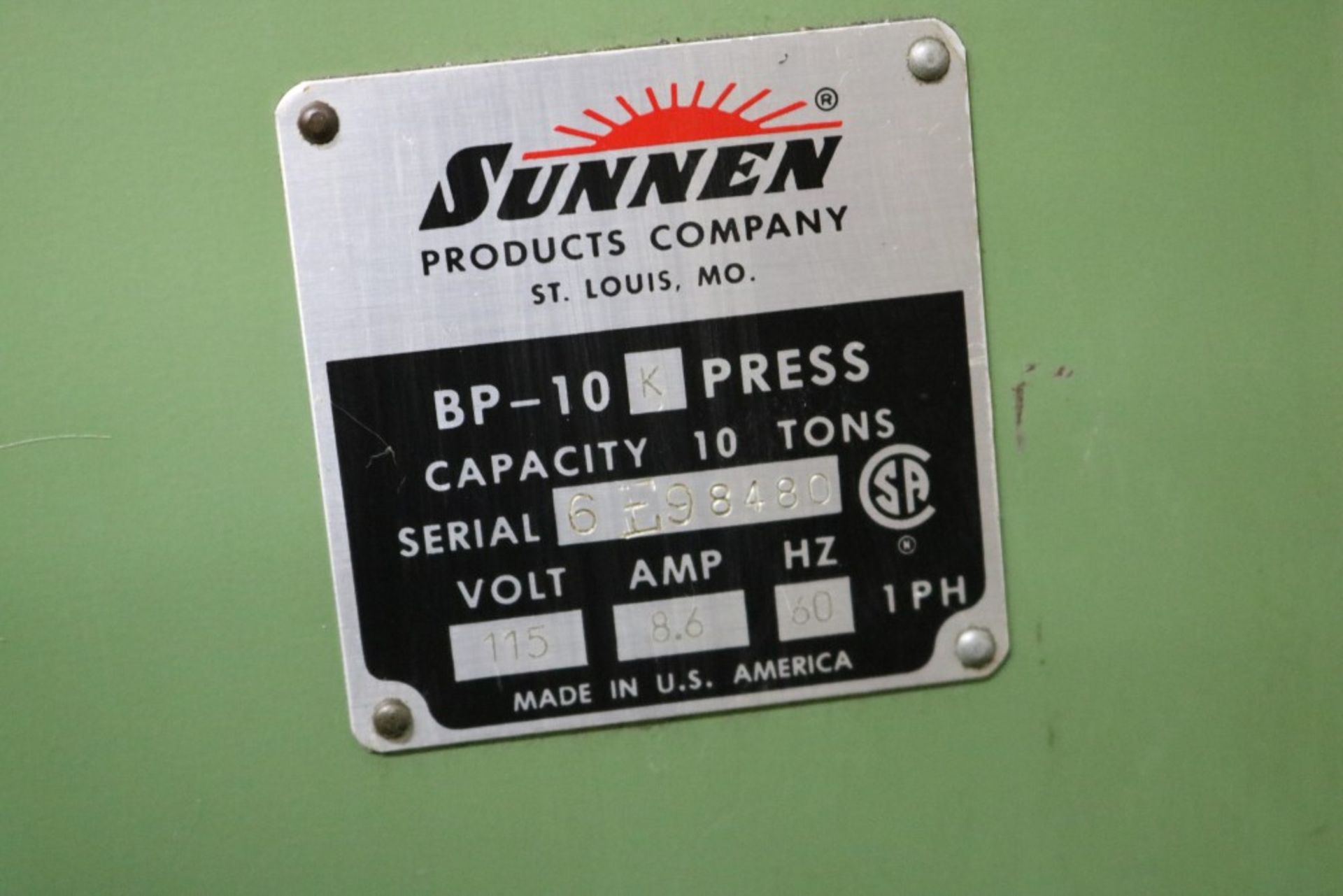 Sunnen BP-10 K Press, 10 Ton Capacity, SN 6E98480 - Image 3 of 5