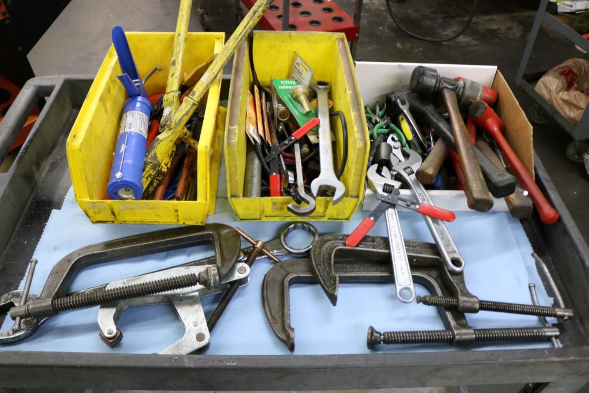 2 Bins and 1 Box of Assorted Hammers, Pliers, Exacto Knives, Wrenches, Snippers, 8" C-Clamps and