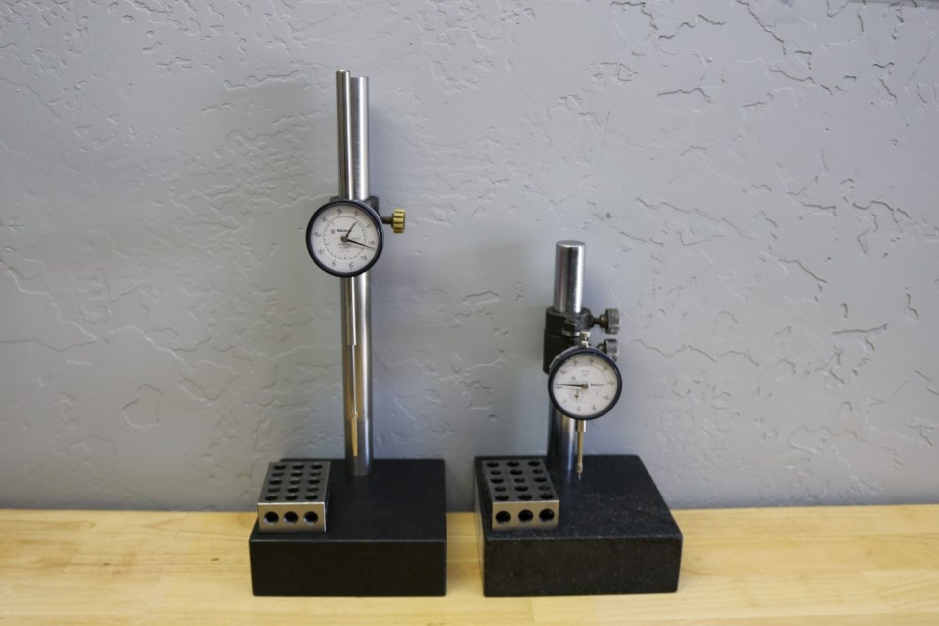 (2) Height Stands with Granite Surface Plates, 2" Mitutoyo Drop Gage and 1" Mitutoyo Drop Gage and