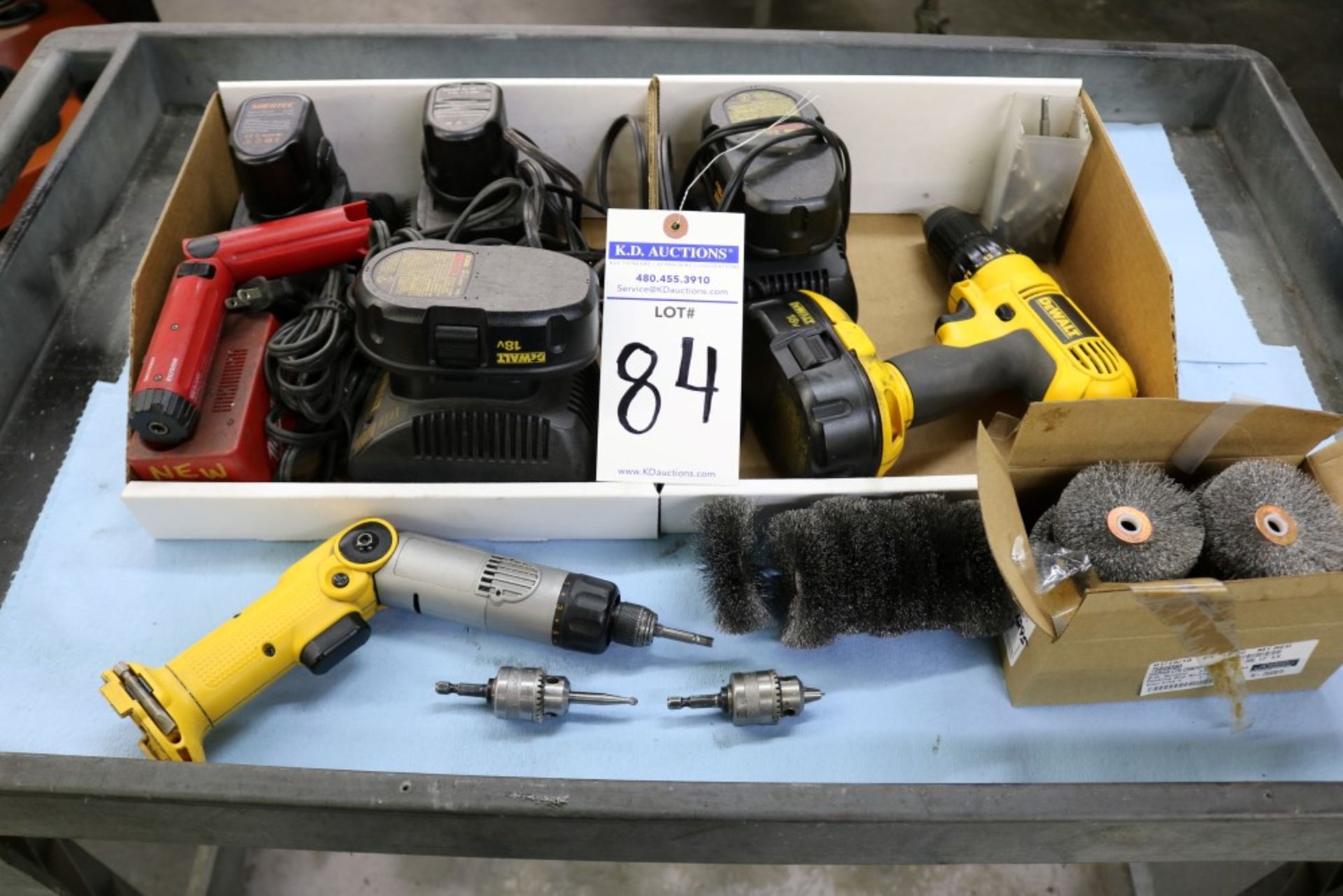 DeWalt Cordless Angle Drills with 2 Extra batteries and Chargers, Chuck Attachments, Box of Copper - Image 6 of 6