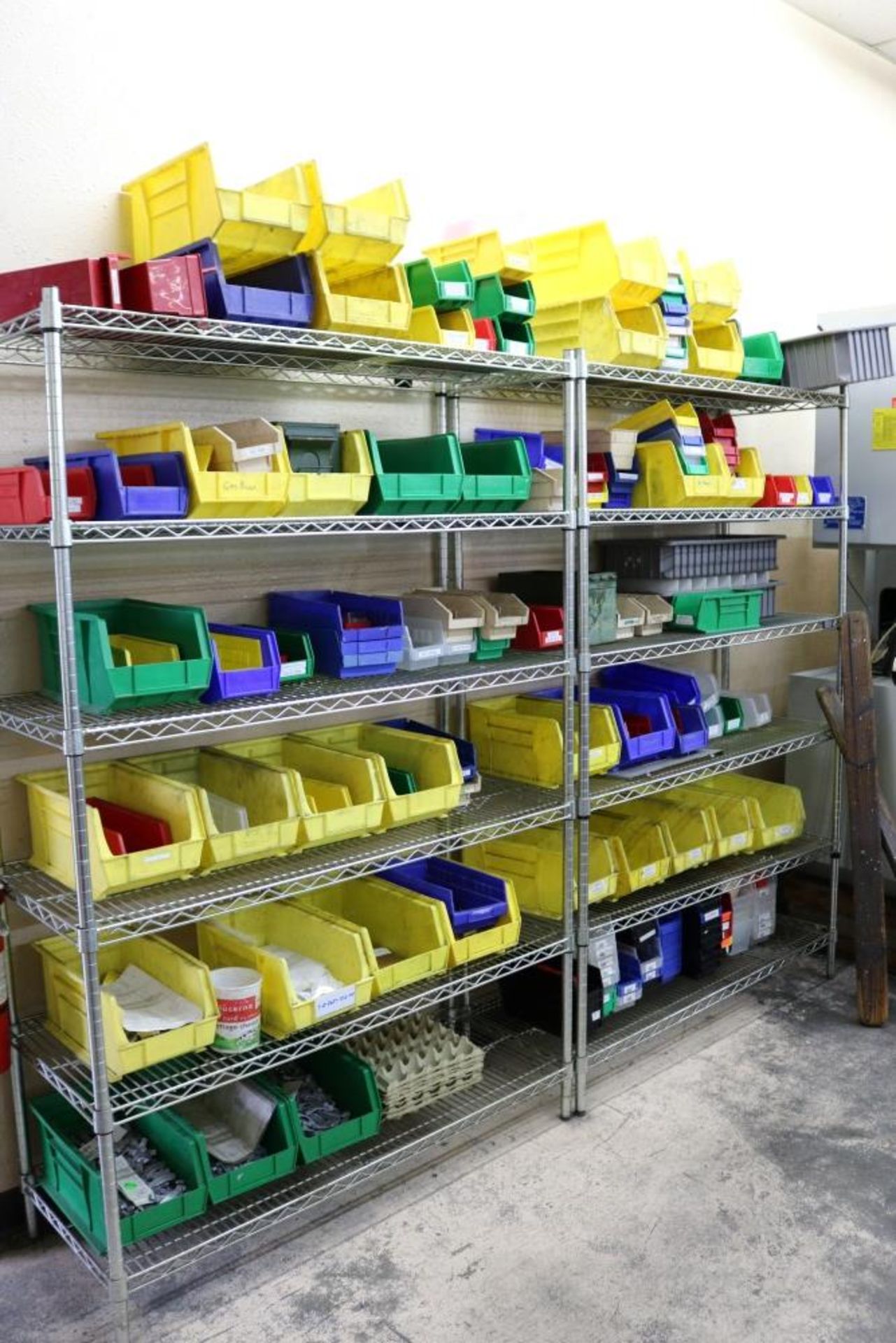 (2) 6 Tier Wire Rack Shelves with Various Size Plastic Sorting Bins, 47" x 17 1/2" x 72" (Parts on