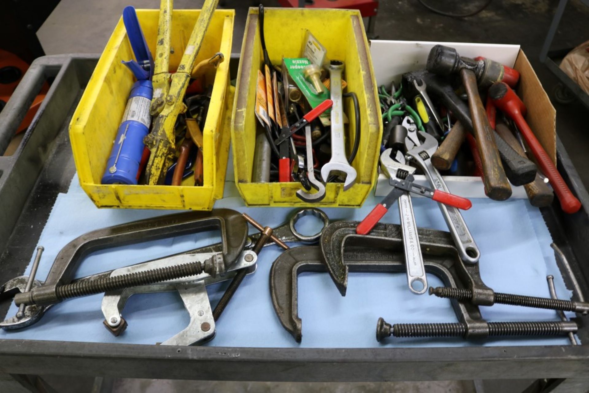 2 Bins and 1 Box of Assorted Hammers, Pliers, Exacto Knives, Wrenches, Snippers, 8" C-Clamps and - Image 6 of 7