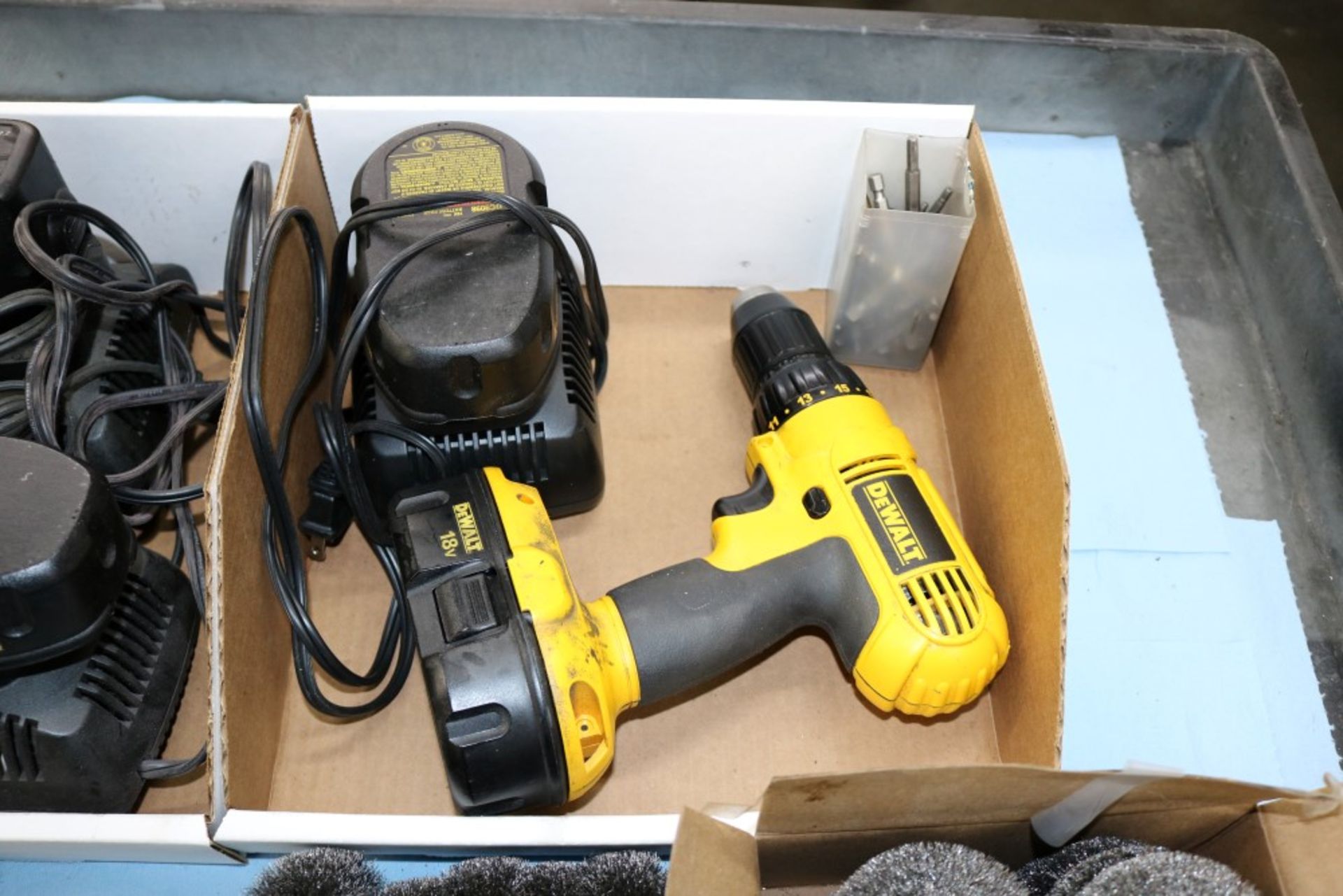 DeWalt Cordless Angle Drills with 2 Extra batteries and Chargers, Chuck Attachments, Box of Copper - Image 4 of 6